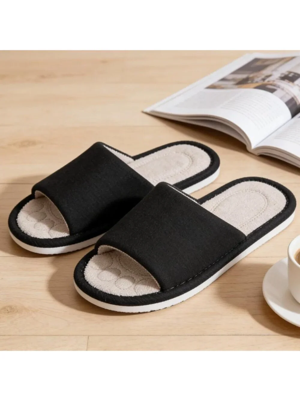 Men's Black Slippers Breathable Slip-on Indoor Slippers Washable Home Shoes
